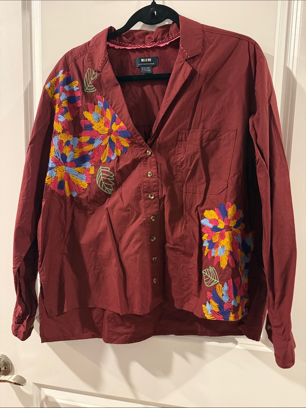 Maeve Maroon Button-Front Embroidered Floral Shirt